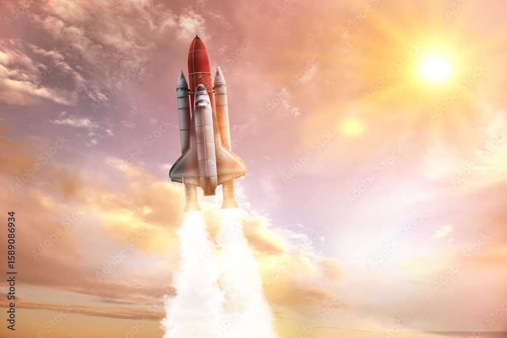 Naklejka premium Modern space rocket in beautiful cloudy sky