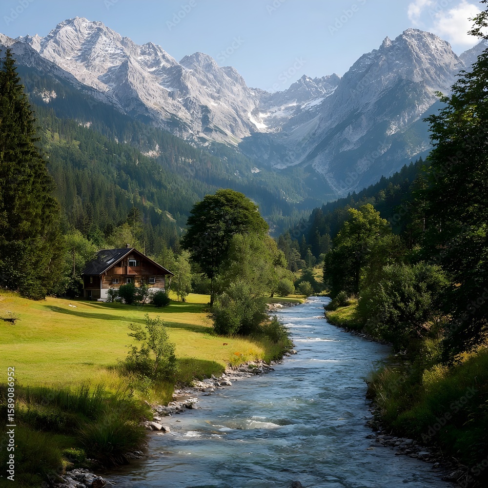 Idyllic Alpine View: Pristine River Running Through Meadows Beneath Majestic Snowy Summits Idyllic Alpine View: Pristine River Running Through Meadows Beneath Majestic Snowy Summits