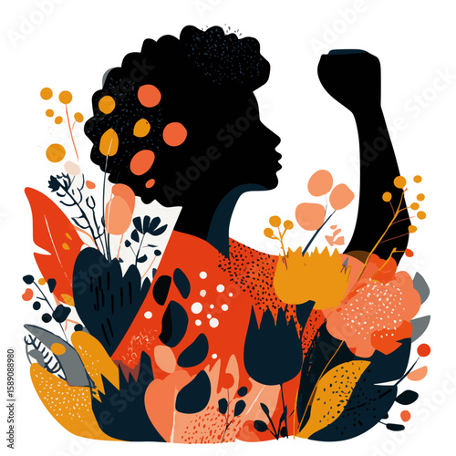 Strong Woman Silhouette with Floral Elements, Feminism, Empowerment, and Nature Concept Vector Illustration