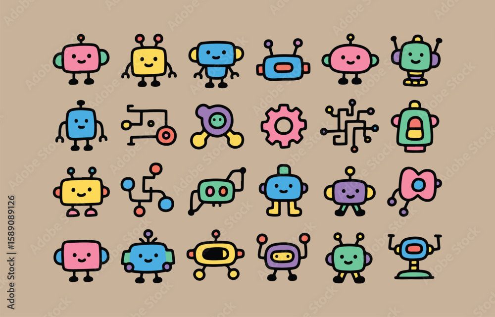Obraz premium Collection of cute and colorful cartoon robots and circuit elements
