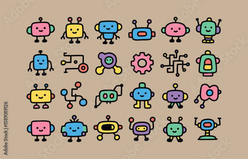 Collection of cute and colorful cartoon robots and circuit elements