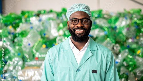 Man in teal uniform at a plastic recycling plant