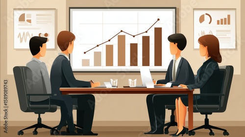 Business professionals discussing strategy in a modern conference room with data visualizations on display
