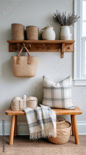 Cozy home entryway with natural decor, storage baskets, and soft textiles on a bench