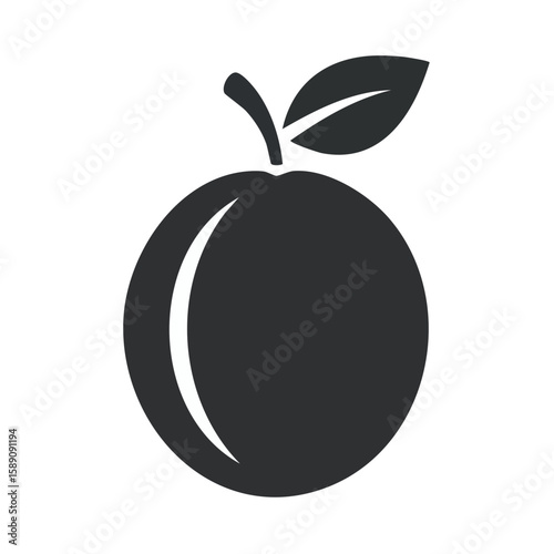 Minimalist Silhouette of a Plum with Leaf and Reflection on Black Background