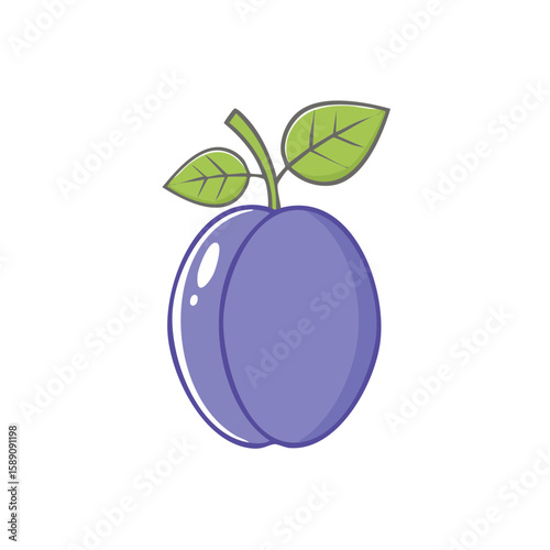 Cartoon plum illustration on black background. Shiny fruit with leaves and stem. Single plum graphic design element.