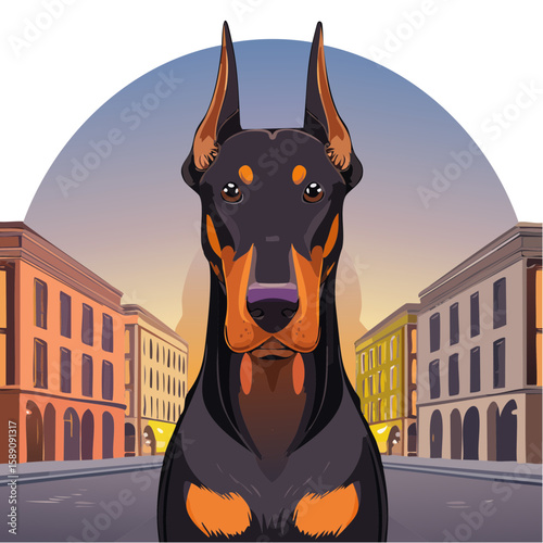 Elegant Doberman Portrait in Cityscape at Sunset