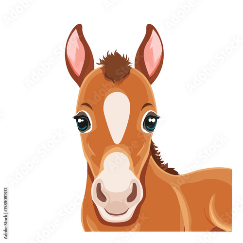 Cute Brown Foal with White Blaze Portrait Illustration