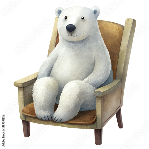Cute cartoon polar bear relaxing comfortably in an armchair on a black background