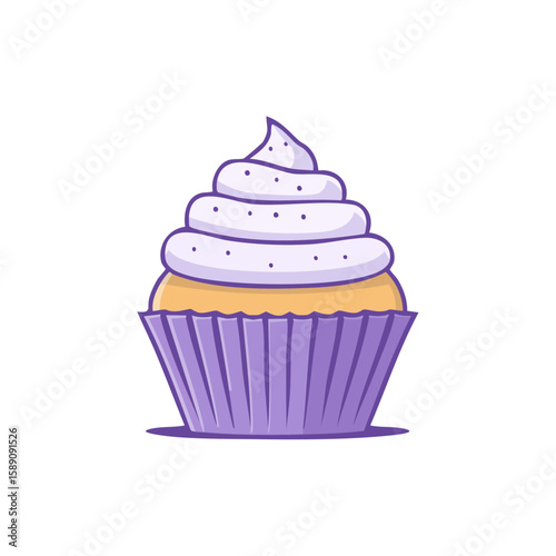 Delightful cupcake illustration featuring purple wrapper and layered frosting isolated on black background
