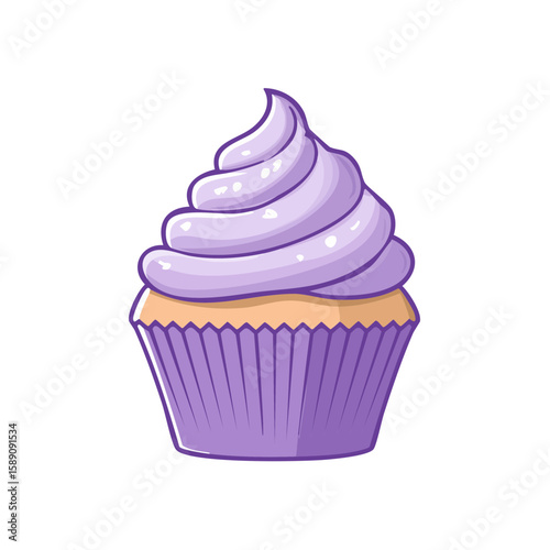 Isolated purple cupcake with swirl frosting dessert sweet treat baked good confectionery muffin cartoon illustration on black background