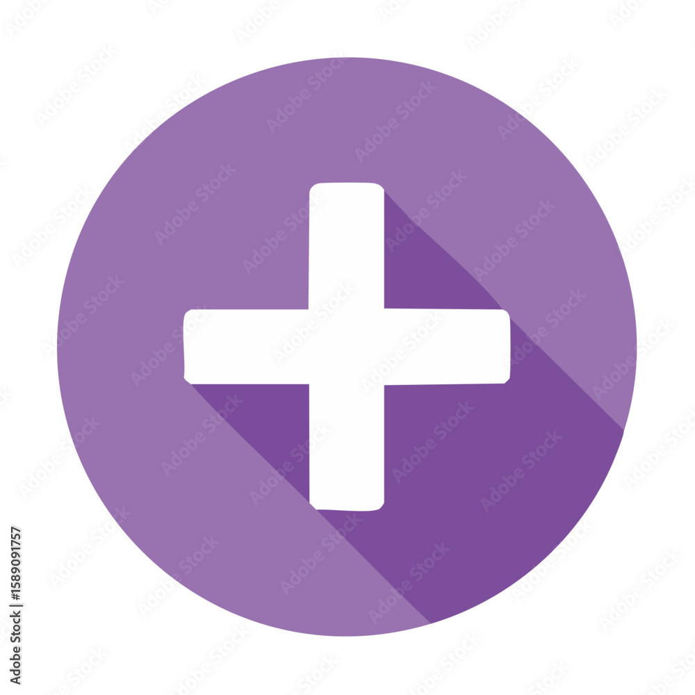 Obraz premium White Plus Sign on Violet Circle with Long Shadow, Vector Illustration