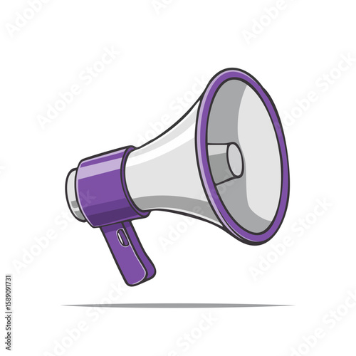 Illustrated megaphone on black background for announcements, communication, or promotions, in purple, gray and white tones.