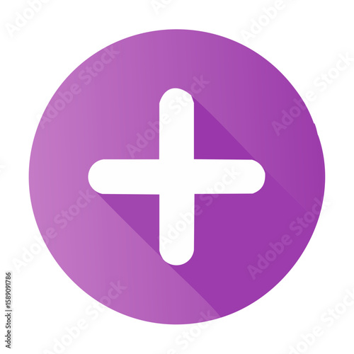 Plus symbol on a purple circle, white plus sign with shadow on a purple background, adding, mathematics, medical