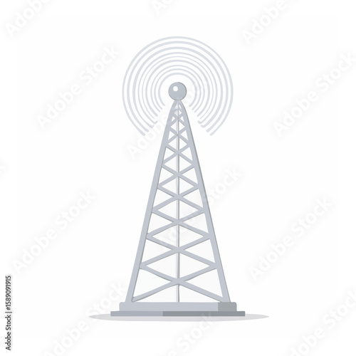 Telecommunications Tower with Radio Waves Flat Vector Illustration
