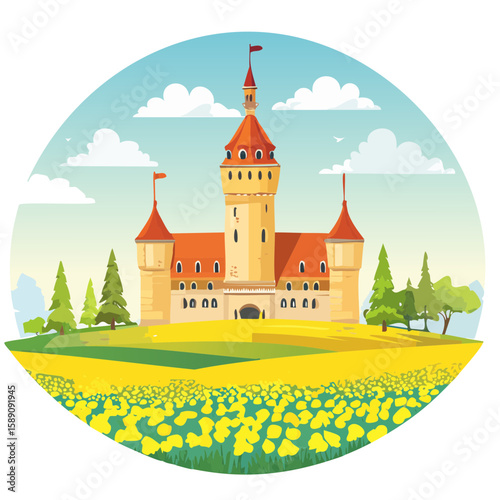 Cartoon Castle on a Hill in a Field of Flowers under a Cloudy Sky