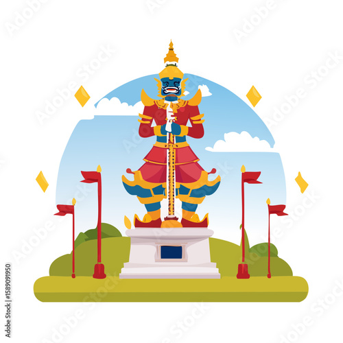 Illustration of a Thai giant statue holding a sword on a pedestal