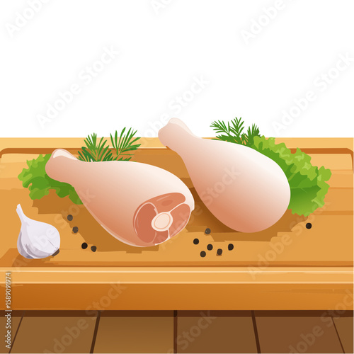 Illustration of Raw Chicken Drumsticks on a Wooden Board with Garlic and Dill
