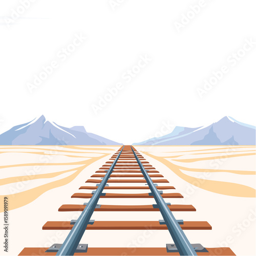 Illustration of railroad tracks leading into the distance with mountains.