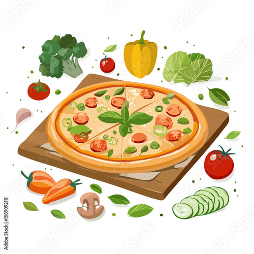Delicious Pizza with Fresh Vegetables Illustration