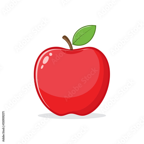 Vibrant red apple illustration with green leaf on white, minimalist healthy food graphic