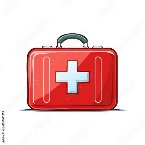 Illustration of a red first aid kit with a white medical cross symbol on a black background