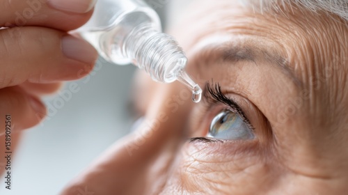 Senior applying eye drops for hydration and comfort in a well-lit room, focusing on health and wellness during evening routine