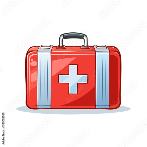 Red first aid kit with white cross symbol illustration, medical emergency case cartoon icon.