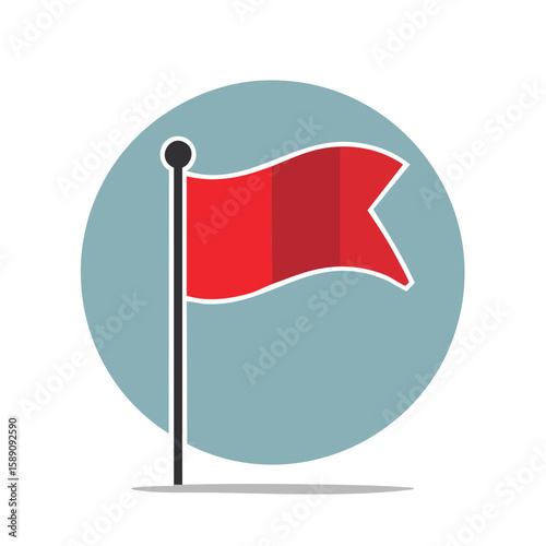 Waving red flag illustration on pole in circle design element icon marker indicator location destination success warning