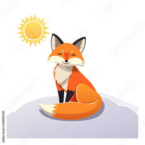 Cute cartoon fox sitting peacefully in the snow under the bright sun.