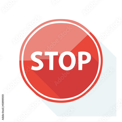 Red stop sign icon with white text and long shadow Warning or attention concept Illustration for traffic rule or instruction