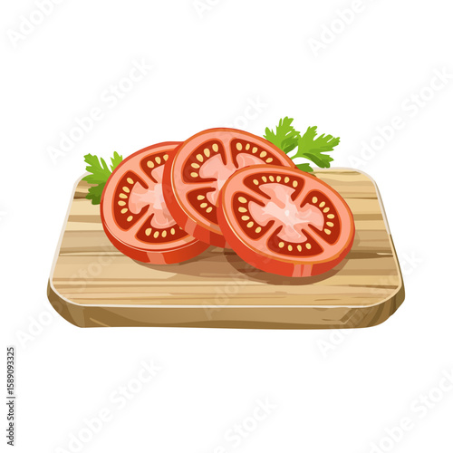 Illustration of sliced tomatoes and parsley on a cutting board.