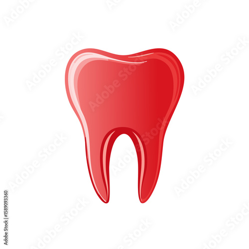 Cartoon red tooth for dental care awareness poster or healthcare promotional banner. Healthy teeth concept icon for dentist presentation or oral hygiene
