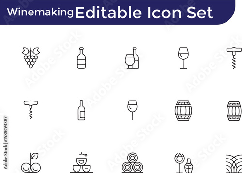 Editable Winemaking Icons Grapes, Bottles, Glasses, Barrels & More