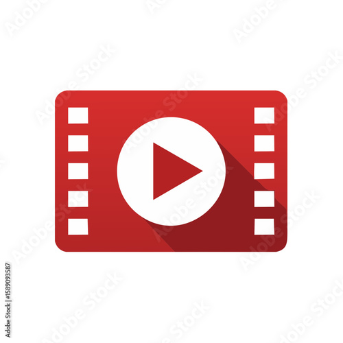 Red film strip icon with play button for video content viewing and media playback app or website simple modern design