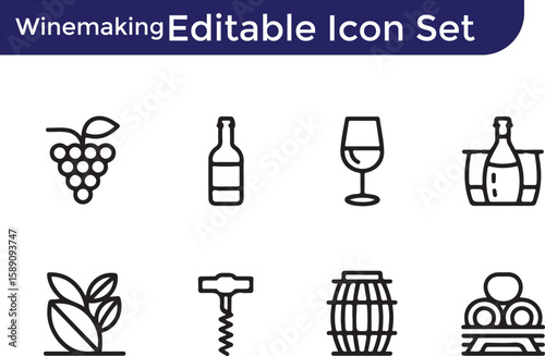 Editable Winemaking Icon Set Grapes, Bottles, Wineglass, Corkscrew, Barrel, and More
