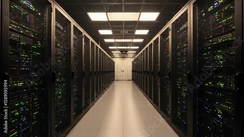 Server room with rows of rack-mounted servers and dim lighting  