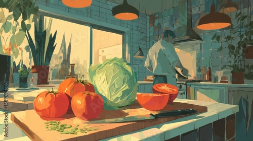 A serene kitchen scene with fresh tomatoes, cabbage, and a chef preparing a meal, showcasing a vibrant culinary atmosphere filled with natural light and greenery.