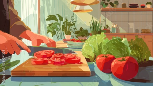 A vibrant kitchen scene with a person slicing fresh tomatoes on a wooden board surrounded by green vegetables and various kitchen plants under warm sunlight