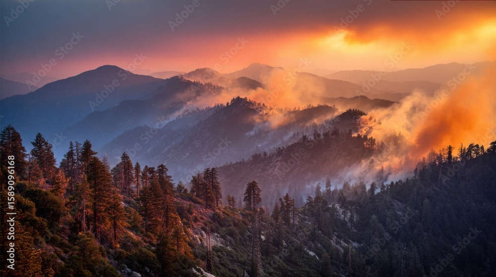 Fototapeta premium Breathtakingmountainlandscapeatduskwithfireandmistcoveringforestandhorizon.