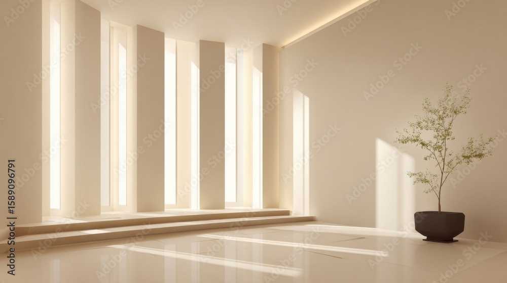 Fototapeta premium Bright modern interior space with tall windows and minimalist decor with plant.