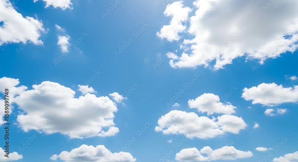 Fototapeta premium Bright blue sky with fluffy white cumulus clouds scattered across the frame, illuminated by sunlight.