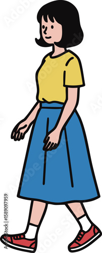 若い女性の歩くイラスト - シンプルなミニマルフラットデザイン