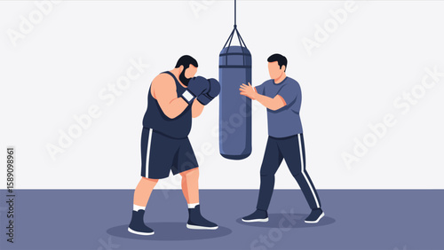 flat vector of overweight fat amature boxer training