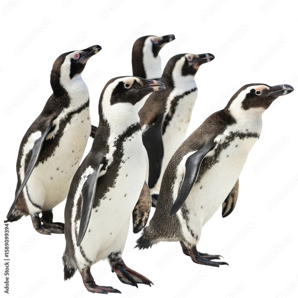 Obraz premium Group of penguins standing together on a white background, showcasing their unique features and behavior