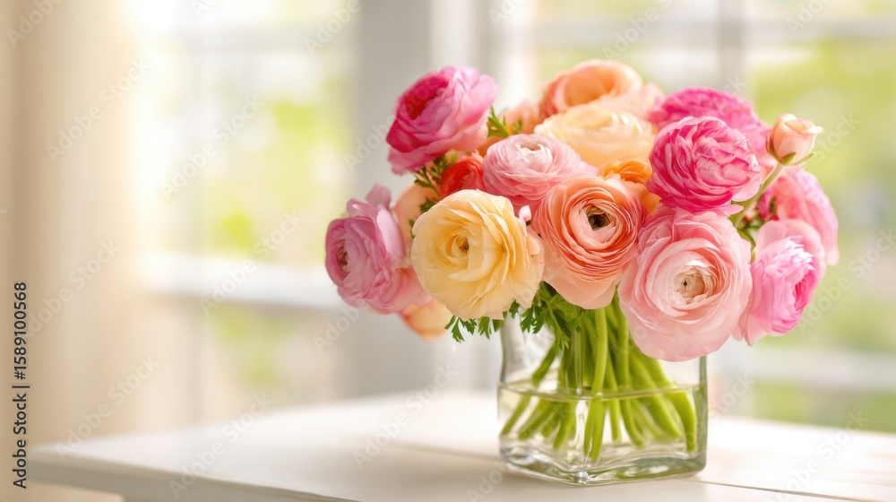 Obraz premium Bright colorful ranunculus flower bouquet in clear glass vase on white surface.