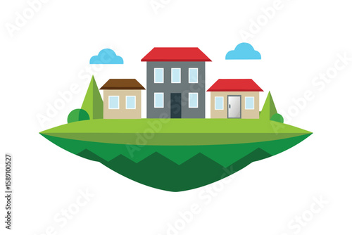 Modern Residential Suburb Floating On Green Lawn