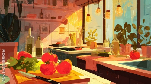 Cozy Kitchen Scene with Vibrant Vegetables and Natural Light, Perfect for Culinary Inspiration and Home Cooking Aesthetics in Bright Colorful Style