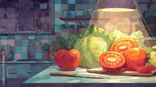 Fresh and Vibrant Vegetables on a Kitchen Counter with Chopping Board, Knife, and Warm Light Creating a Cozy Culinary Atmosphere for Healthy Cooking Inspirations