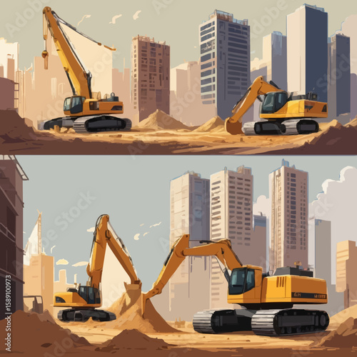 construction site with excavator ilustration